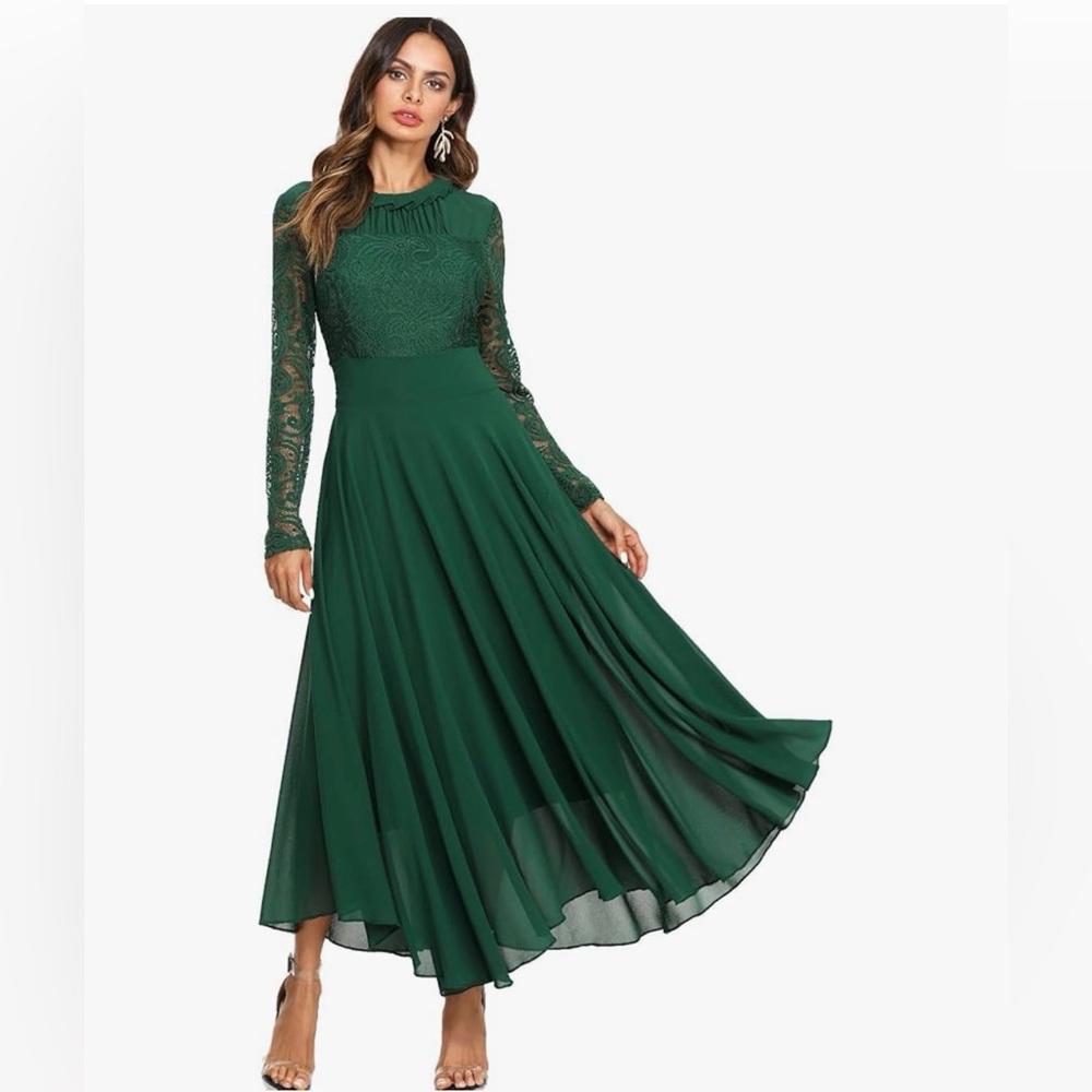Lace Long Sleeve Ruched Neck Flowy Long Dress Green X-Large